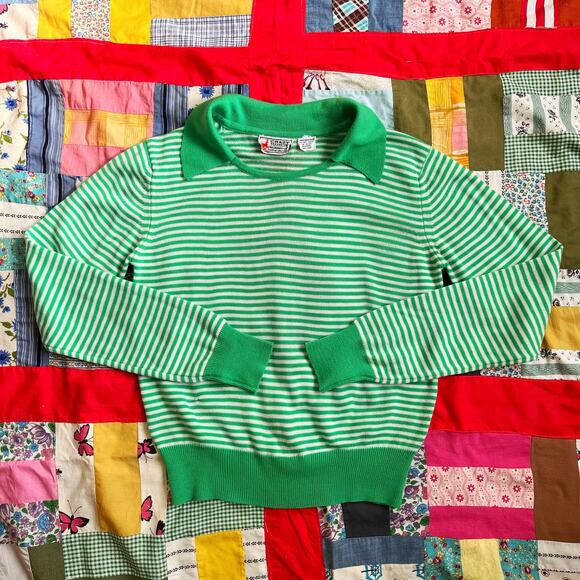 Crazy Horse Sweaters - Vintage 70s Green White Striped Knit Sweater Pull Over // Size Small